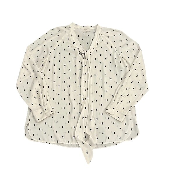 LOFT Women's Tie Neck Diamond Pattern Blouse Size Large Cream Black Sheer Career - Picture 1 of 7